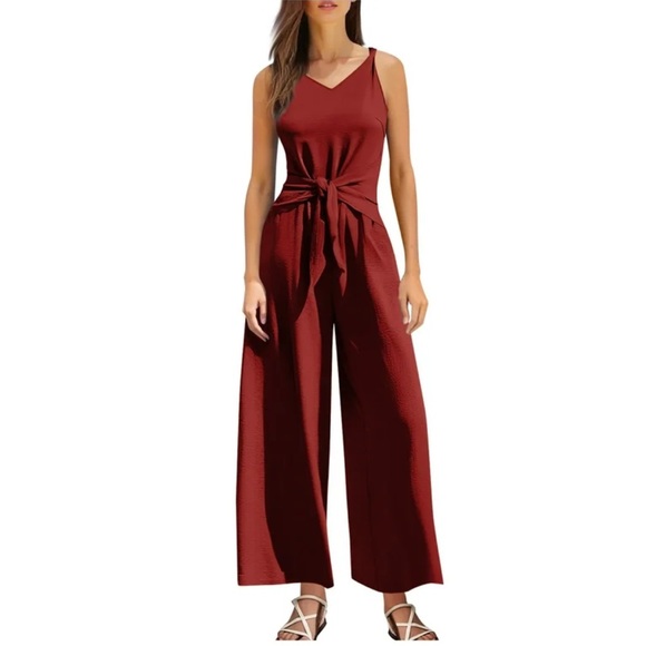 essue Pants - Essue Deep Red Tie-Front Jumpsuit